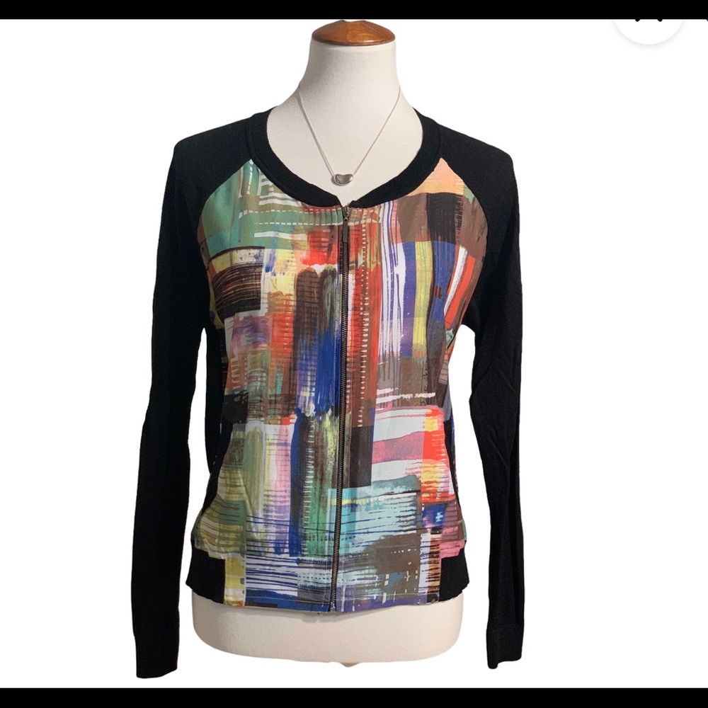 Cluny Silk Blend Zip up Abstract/Black  Print Cardigan. Size Medium